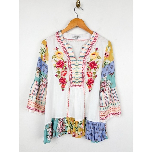 John Mark Tops - John Mark Embroidered Boho Patchwork Linen Top Sz S